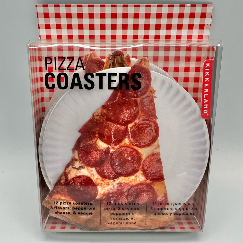 Kikkerland Pizza Coasters Set of 12 - 3 Flavors_Pepperoni, Cheese, Veggie_NIB